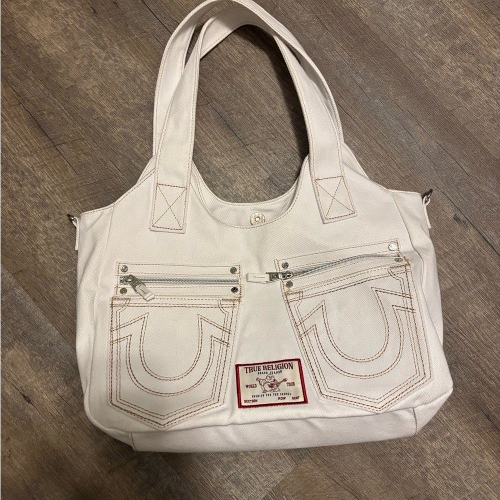 True Religion Cream Tote Bag with Stitch Detail